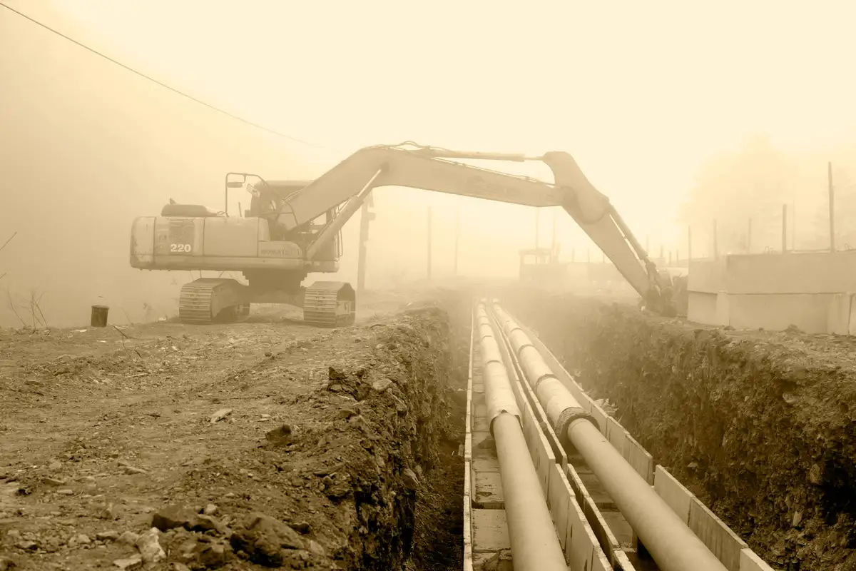 Large pipes laid in a long open trench, with an excavator behind in the mist